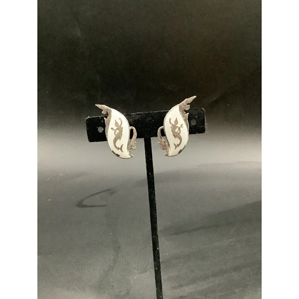 VTG Earrings & Clip Siam Sterling Silver White Mermaid Clip-On Niello C. 40’s